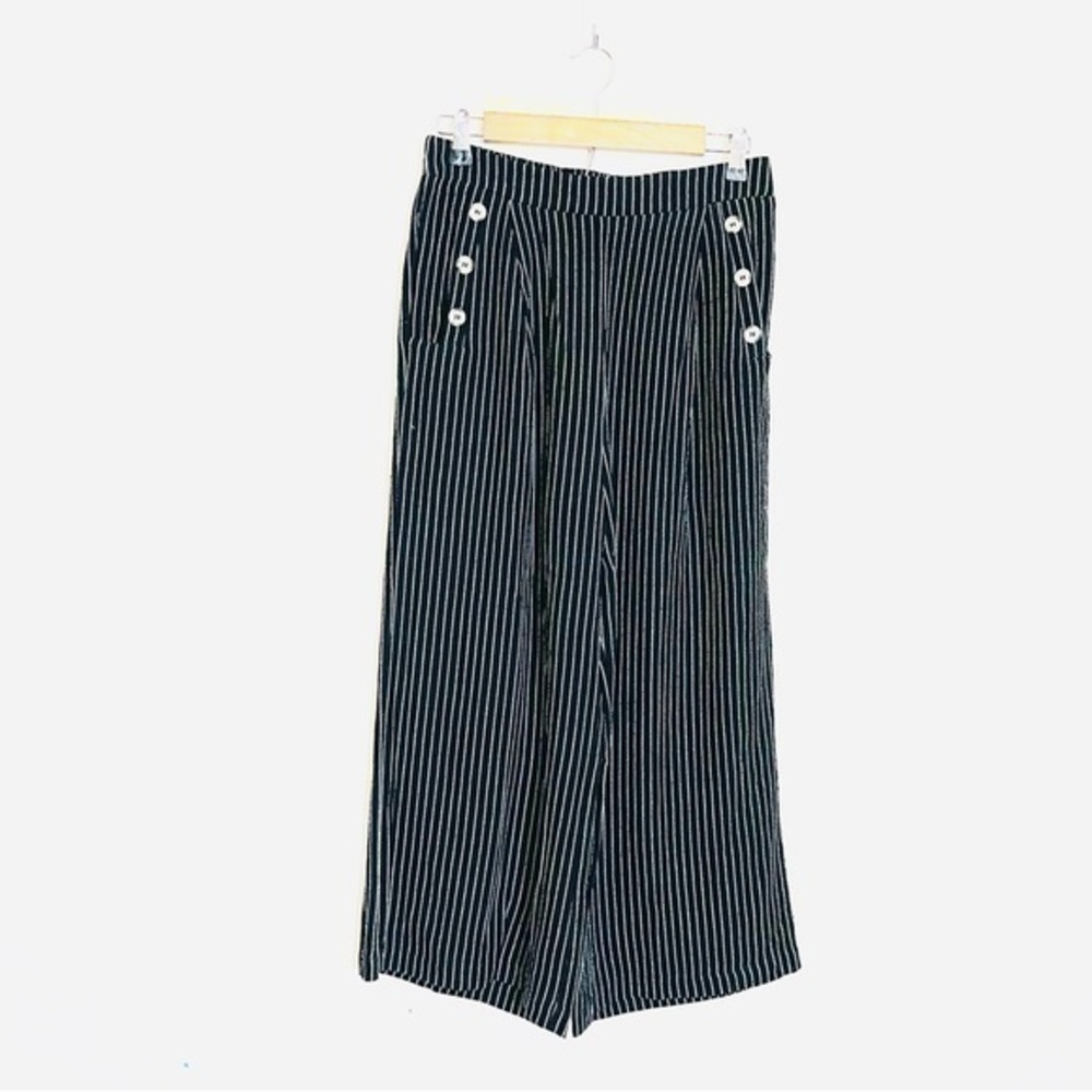 Allie Rose Line Blend Pull On Striped Wide Leg Pants Small Black/White Pockets